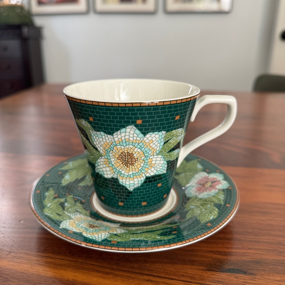 Vintage Sasaki "Messina" Green Mosaic Coffee/Tea Cup&Saucer By Stephen Dwecke